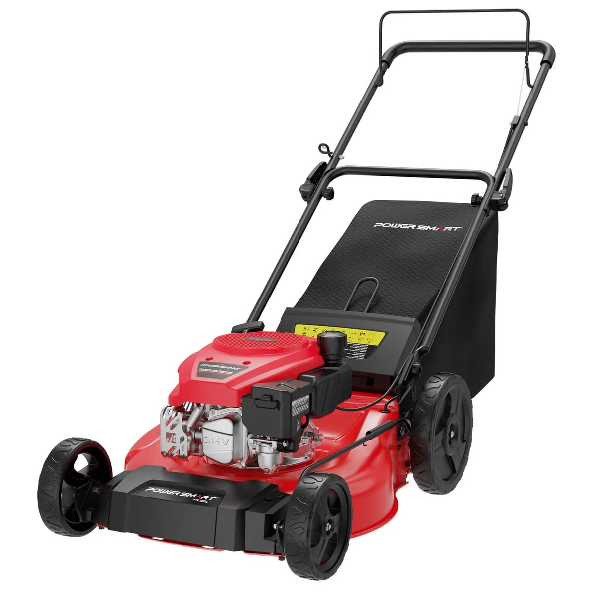 21-inch 144cc gas push lawn mower with white body and black handle on a white background