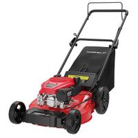 21-inch 144cc gas push lawn mower with white body and black handle on a white background