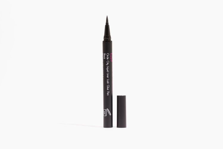 Close-up of Circle City Liquid Liner Lash Glue Pen showing smooth black liquid liner stroke on white background.