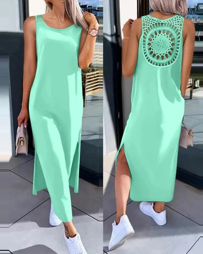 Womens Dresses 2024 Summer Fashion Slit Hollow-Out Casual Plain Round Neck Sleeveless Daily Straight Mid-Calf Dress
