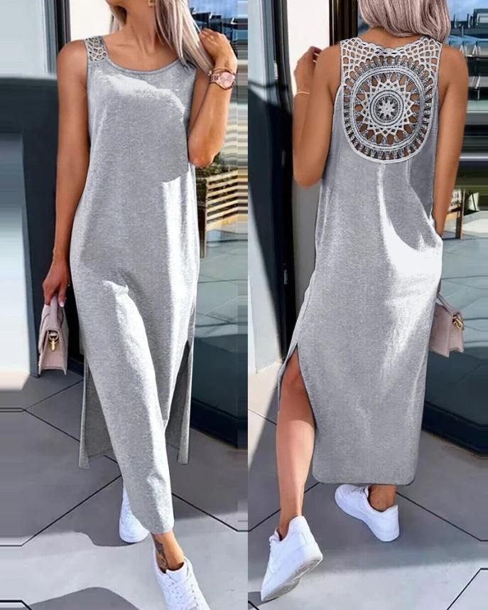 Womens Dresses 2024 Summer Fashion Slit Hollow-Out Casual Plain Round Neck Sleeveless Daily Straight Mid-Calf Dress