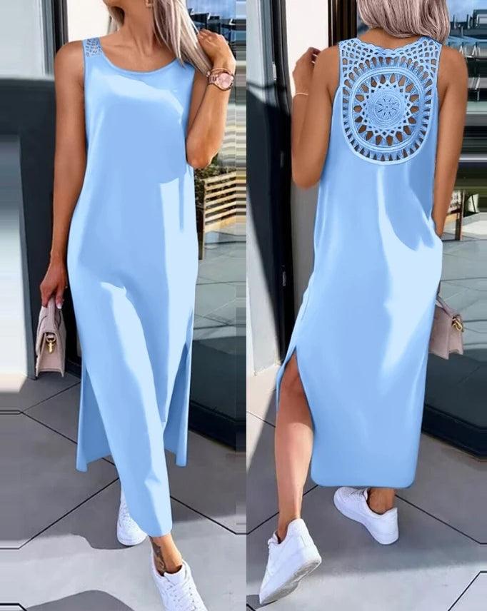 Womens Dresses 2024 Summer Fashion Slit Hollow-Out Casual Plain Round Neck Sleeveless Daily Straight Mid-Calf Dress