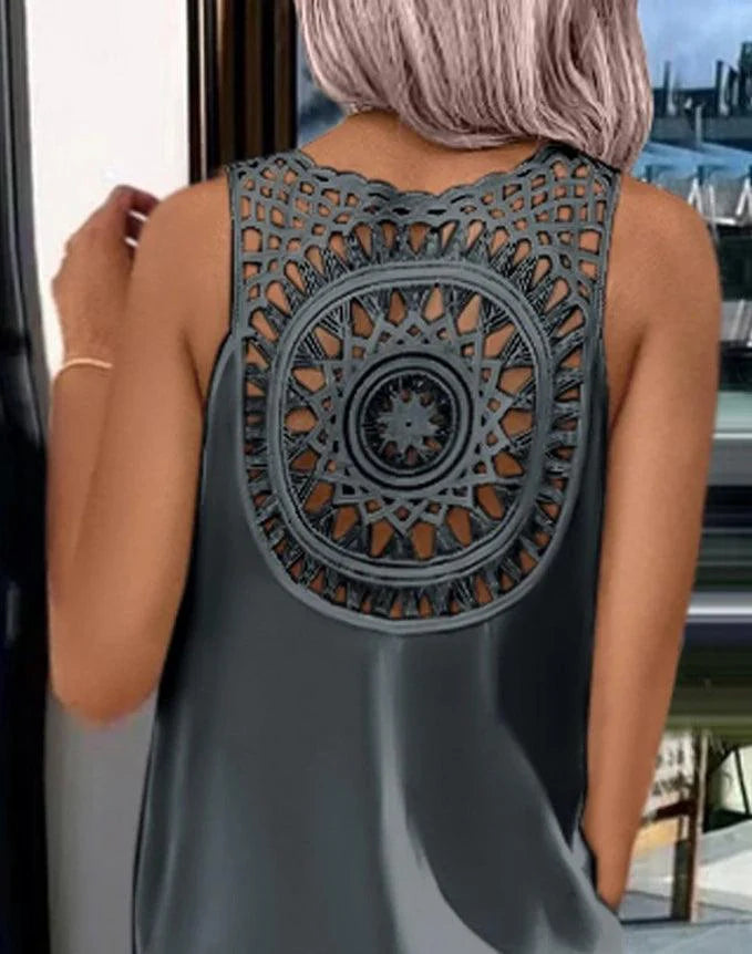 Womens Dresses 2024 Summer Fashion Slit Hollow-Out Casual Plain Round Neck Sleeveless Daily Straight Mid-Calf Dress