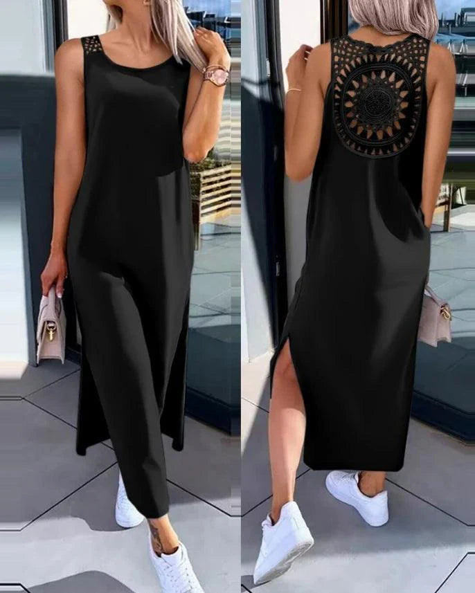 Womens Dresses 2024 Summer Fashion Slit Hollow-Out Casual Plain Round Neck Sleeveless Daily Straight Mid-Calf Dress