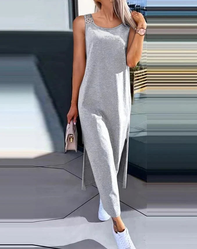 Womens Dresses 2024 Summer Fashion Slit Hollow-Out Casual Plain Round Neck Sleeveless Daily Straight Mid-Calf Dress