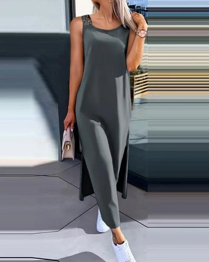 Womens Dresses 2024 Summer Fashion Slit Hollow-Out Casual Plain Round Neck Sleeveless Daily Straight Mid-Calf Dress