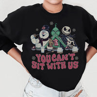 Black sweatshirt with white text 'You Can't Sit With Us' front design, cozy fleece fabric.